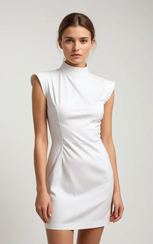 A European female model wearing a dress with a Stand   up collar, white background, bust portrait